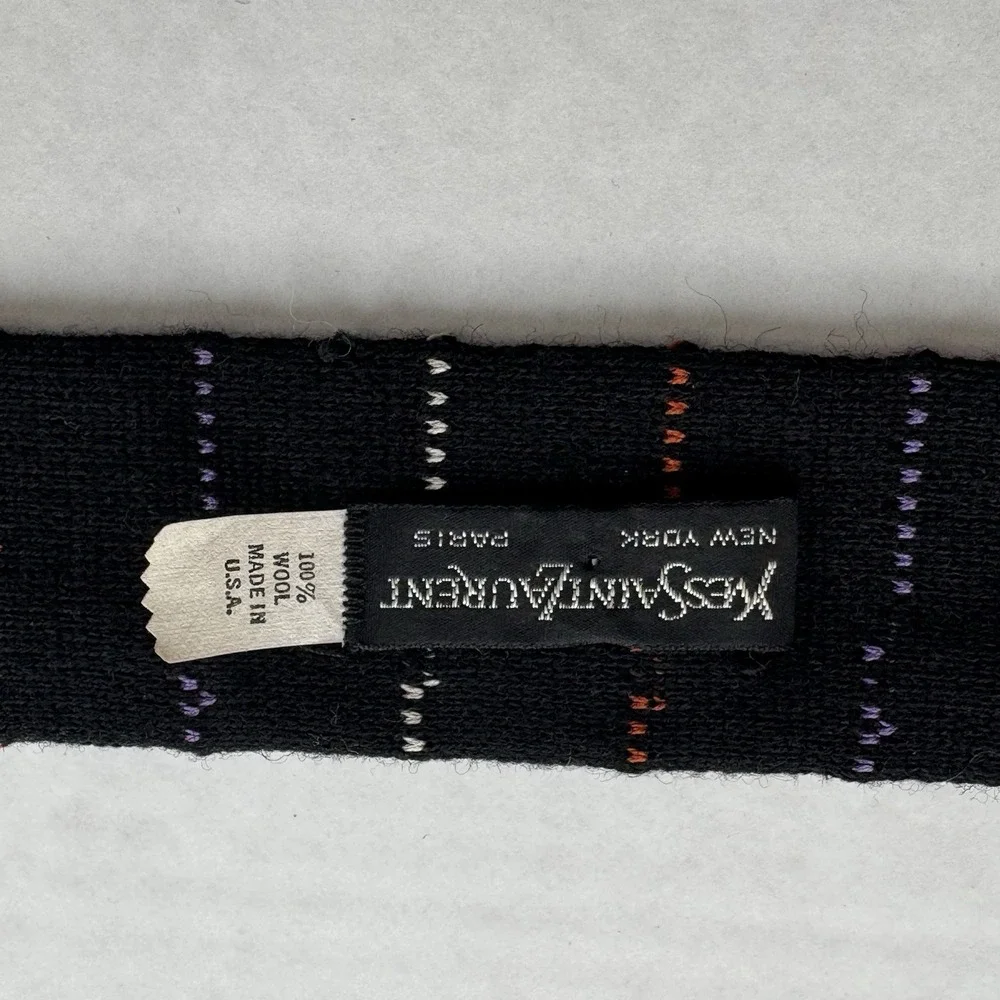 Yves Saint Laurent Tie Mens Black Multicolor Stripe Square Wool Knit Vintage USA